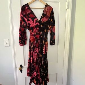 FARM Rio Black and Red Long Sleeve Wrap Dress with V-Neck